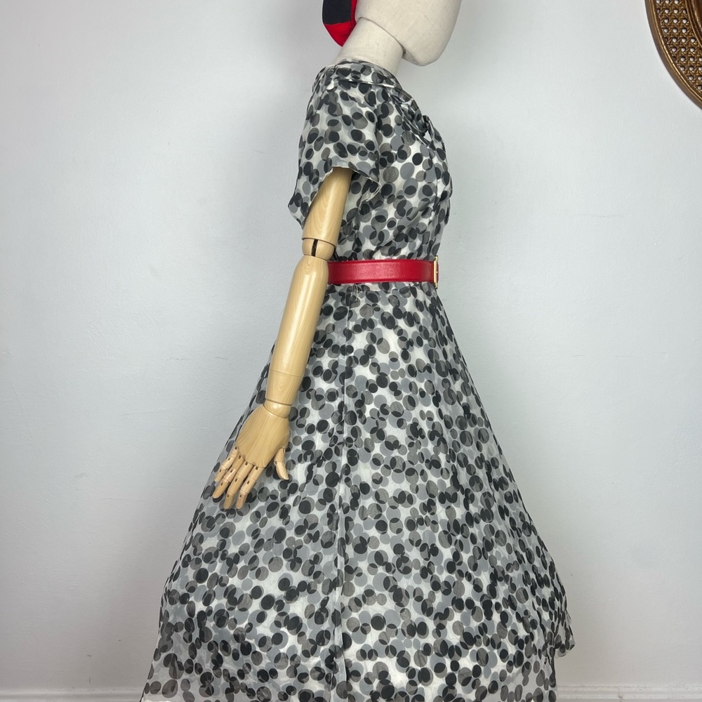 1950’s Vintage BLACK & WHITE Polkadot Polka Dot Chiffon Overlay Party Dress L XL - Picture 14 of 16